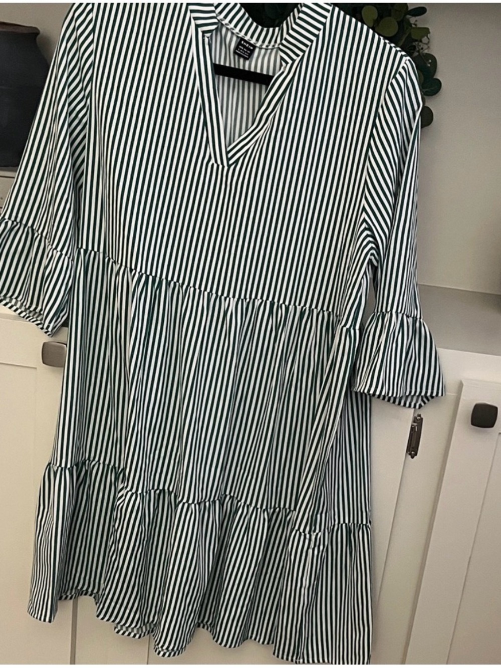 Striped Green & White Tiered V-Neck Dress